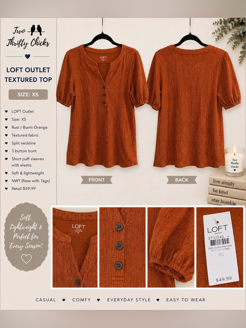 LOFT Burnt Orange Textured Split-Neck Blouse | Size XS | NWT